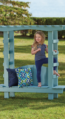 Build Child's Outdoor Bench With Arbour free woodworking Plans